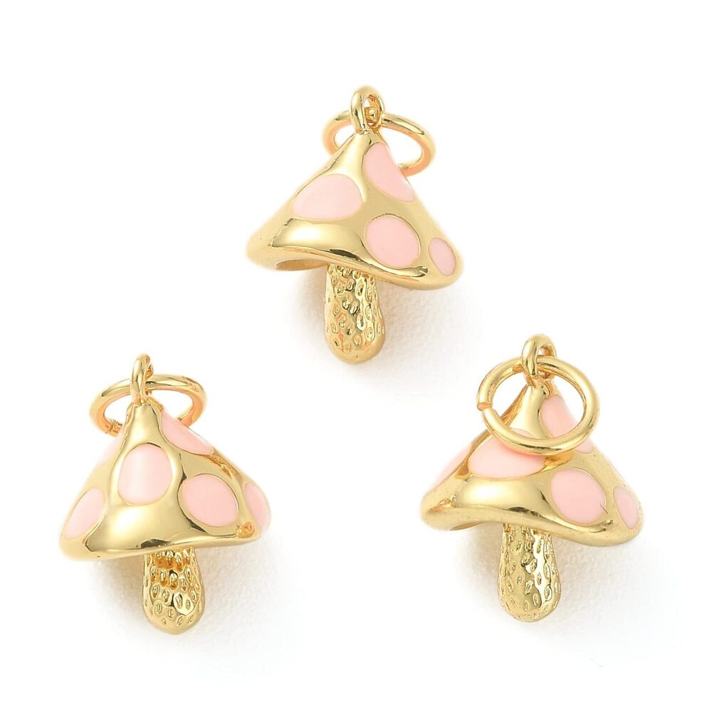 9559 10 Pcs Golden Enamel Pink Mini Mushroom Charms for Jewelry Making DIY